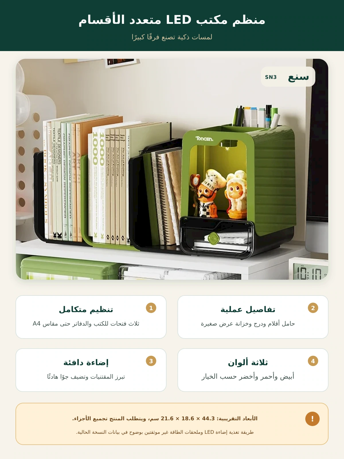 منظم مكتب LED مع رف كتب وحامل أقلام وأدراج وخزانة عرض – 3 ألوان – صورة توضيحية عربية