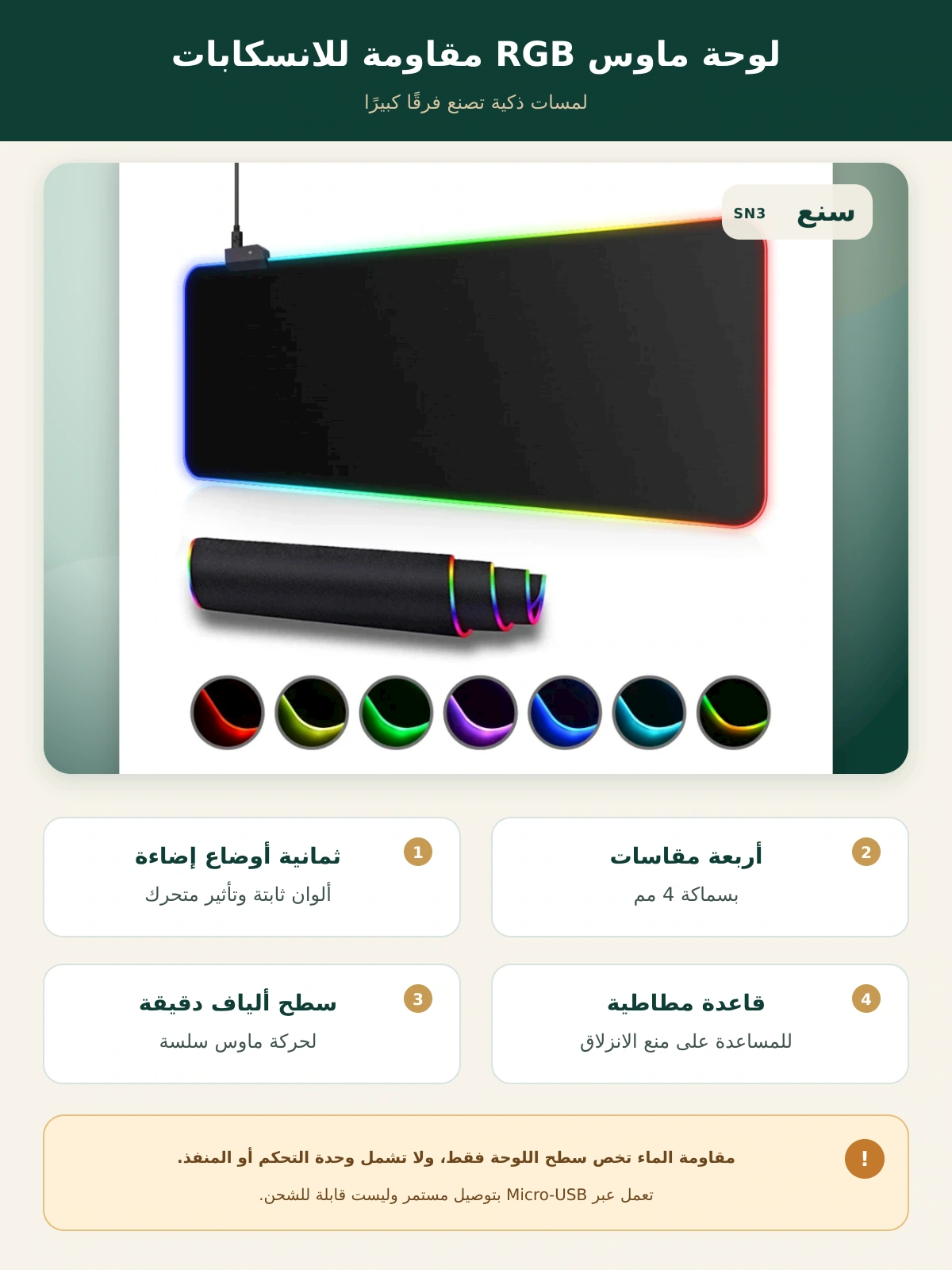 لوحة ماوس ألعاب RGB مقاومة للماء – 4 مقاسات