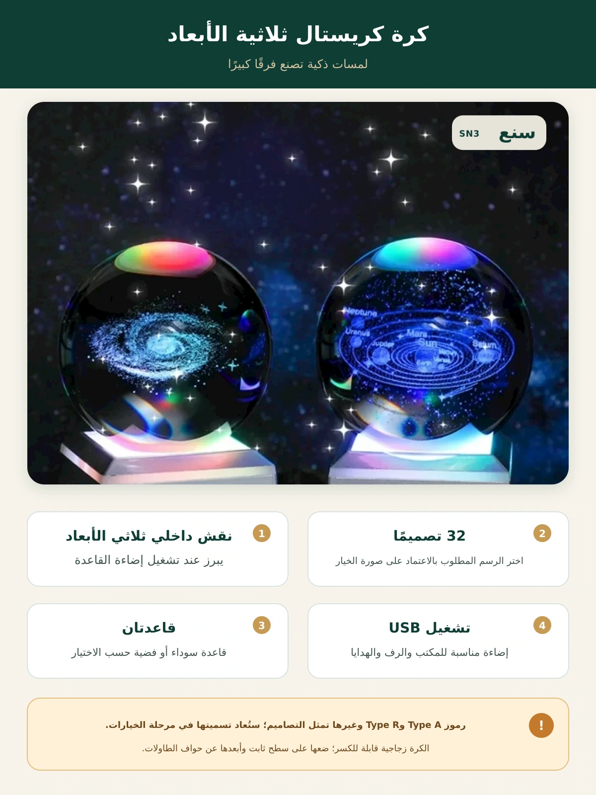 كرة كريستال ثلاثية الأبعاد بإضاءة USB – 32 تصميمًا وقاعدتان – صورة توضيحية عربية